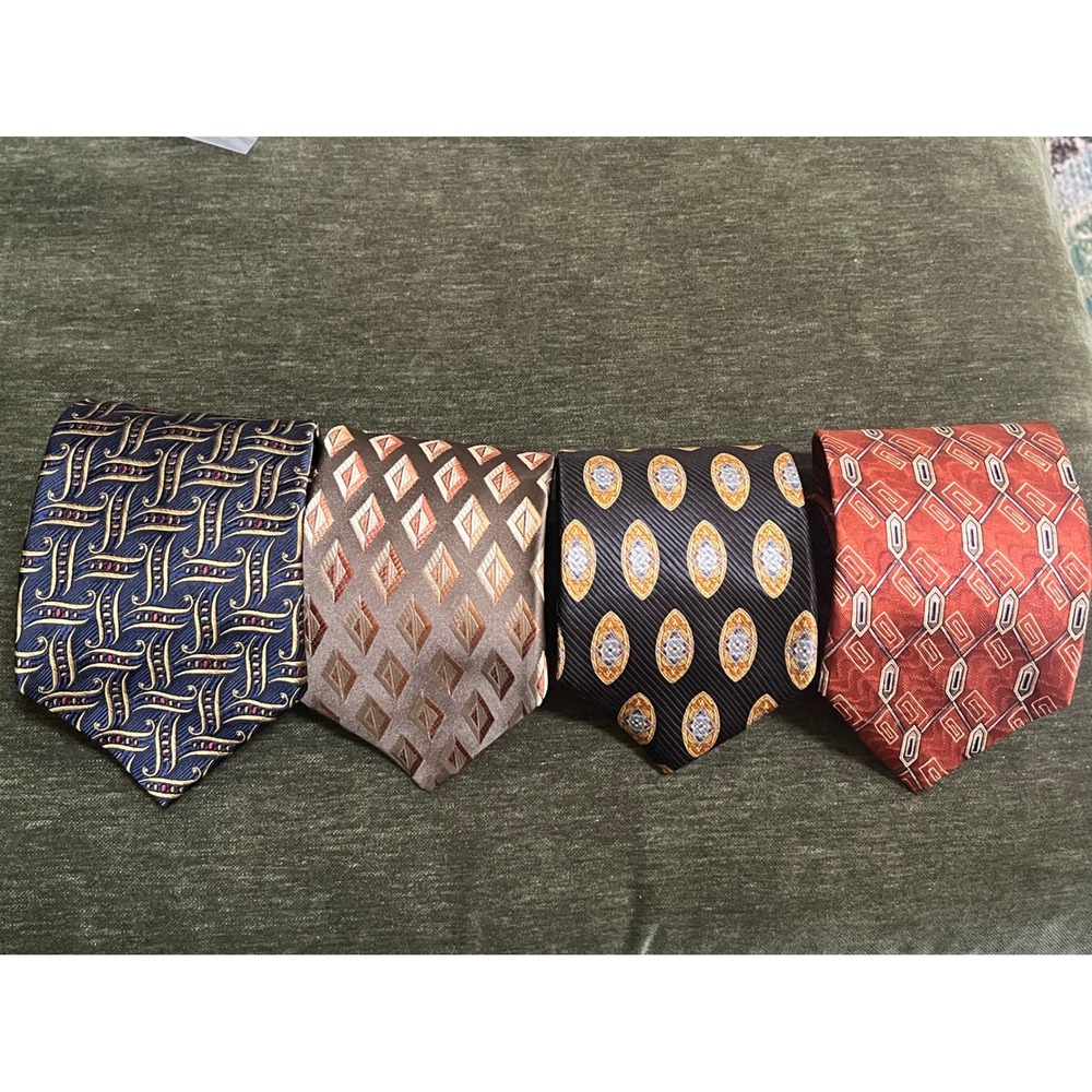 Vtg lot of 4 Milanos Clothier Silk Ties Mens Geometric Abstract Blue Taupe Rust